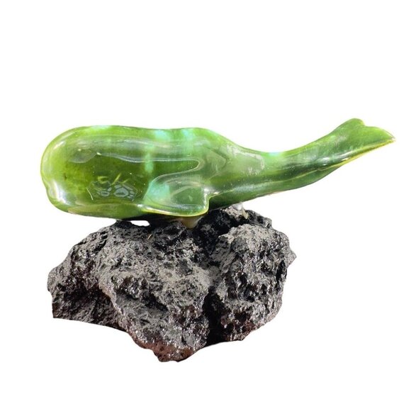 Whale Figurine Other - Whimsical Green Whale Resting On Black Stone Figurine Decoration Animal USA MADE